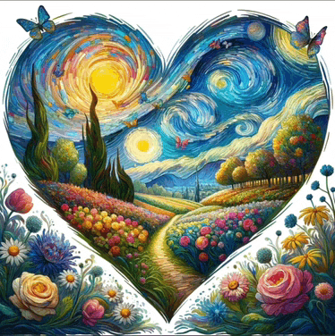 a heart shaped painting of flowers and butterflies