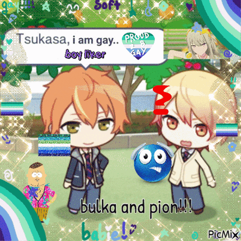a picture of two anime characters with the words bulka and pion