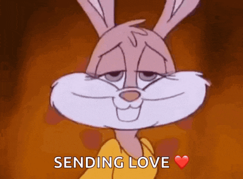 a cartoon bunny is smiling and saying sending love with a heart .
