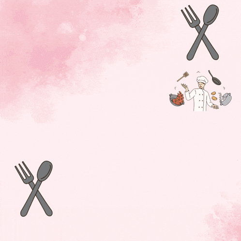 a fork and spoon are crossed over a chef holding a tray of food