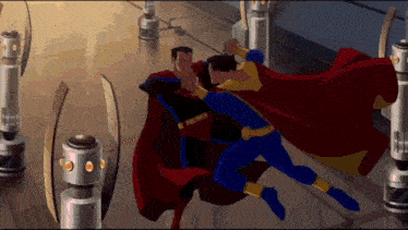 two superheroes are fighting each other in a room