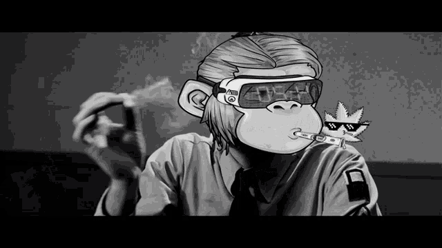 a black and white cartoon of a monkey wearing sunglasses smoking a cigarette .