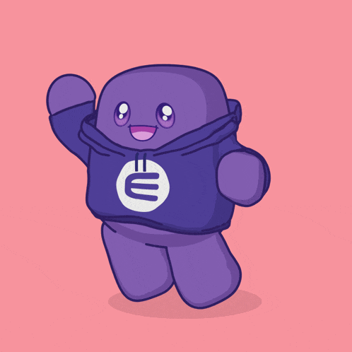 a cartoon character is wearing a purple hoodie with a white circle with the letter e on it