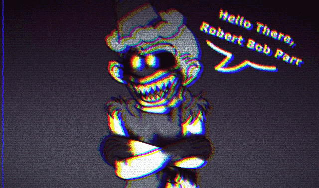 a black and white drawing of a clown with the words hello theres robert bob parr above him
