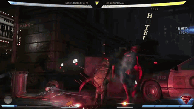 a screenshot of a video game with superman and michelangelo on the screen