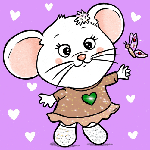 a cartoon drawing of a mouse with a green heart on her shirt
