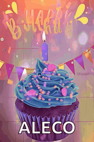 a cupcake with blue frosting and a candle with the name aleco written on it