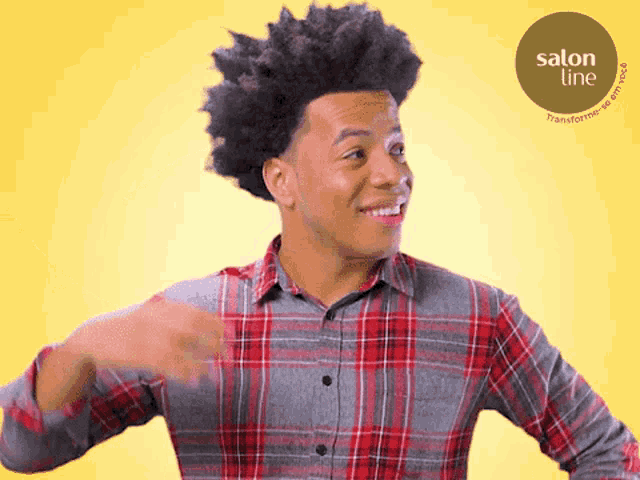a man in a plaid shirt stands in front of a yellow background with a salon line logo