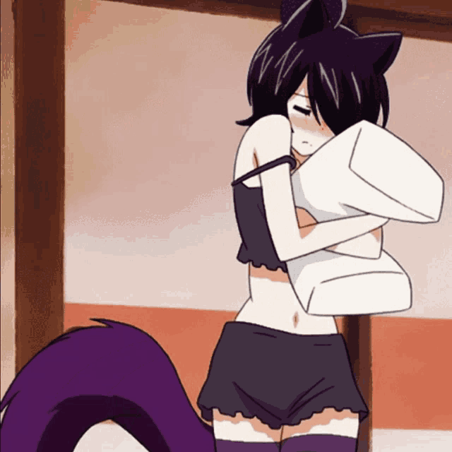 a girl with a purple tail is holding a pillow