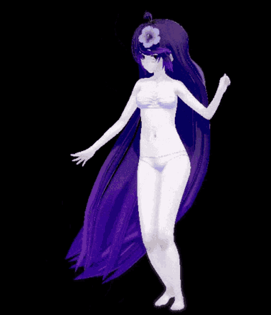a girl with purple hair and a flower in her hair is wearing a bikini
