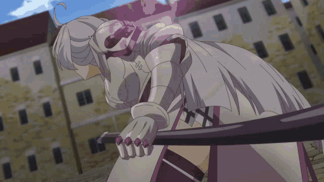 a purple and white anime character is holding a sword in front of a castle
