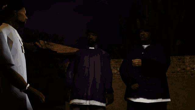 a man in a purple shirt is standing next to another man in a white shirt