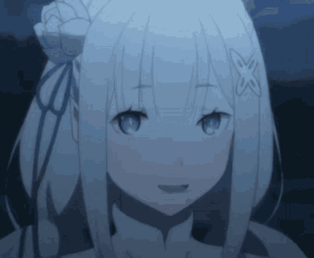 a girl with white hair and blue eyes is smiling
