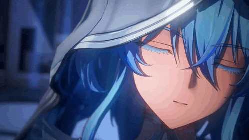 a close up of a blue haired anime character