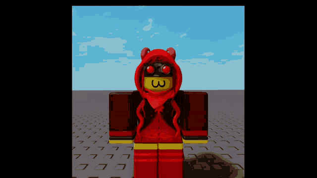 a cartoon character wearing a red hoodie with a smiley face and the number 3 on it