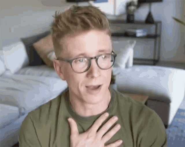 a man wearing glasses and a green shirt is making a funny face