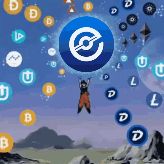 a blue circle with the letter c on it is surrounded by a bunch of coins