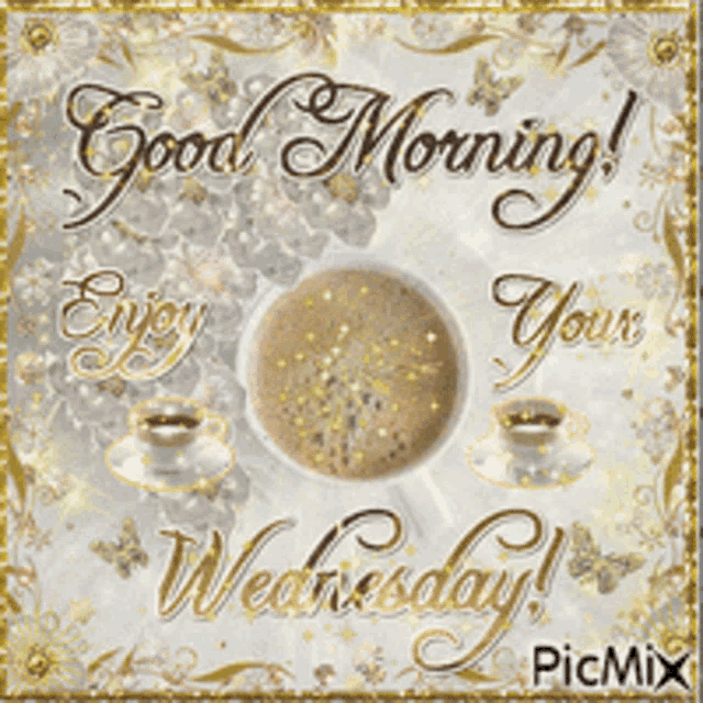 a picture of a cup of coffee that says good morning enjoy your wednesday .