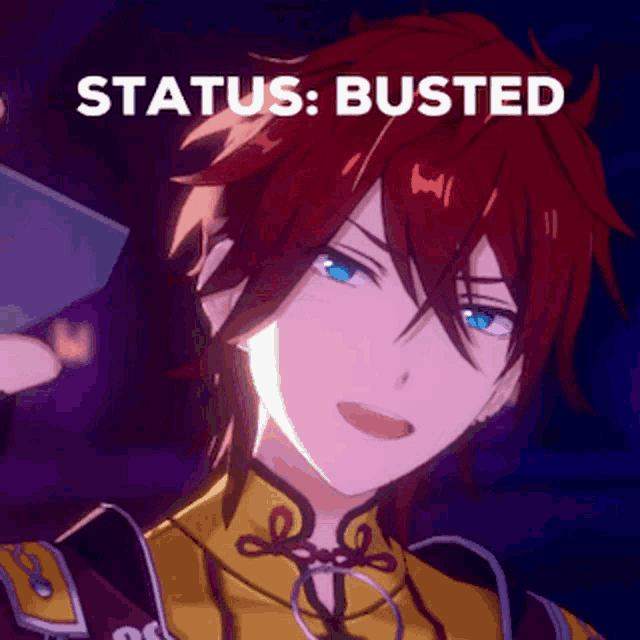 a picture of a red haired anime character with the words status busted below him