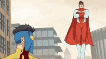 a cartoon of two superheros standing next to each other .