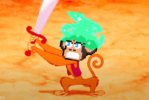 a pixel art of a monkey with a sword and a green hat