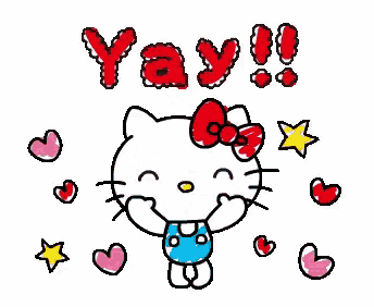 hello kitty is surrounded by hearts and stars and the word yay is written above her .