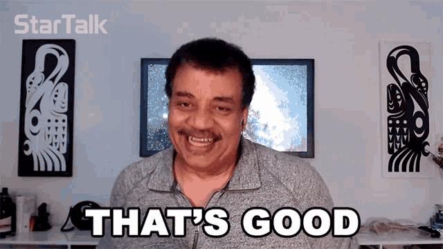 a man says that 's good in front of a star talk logo