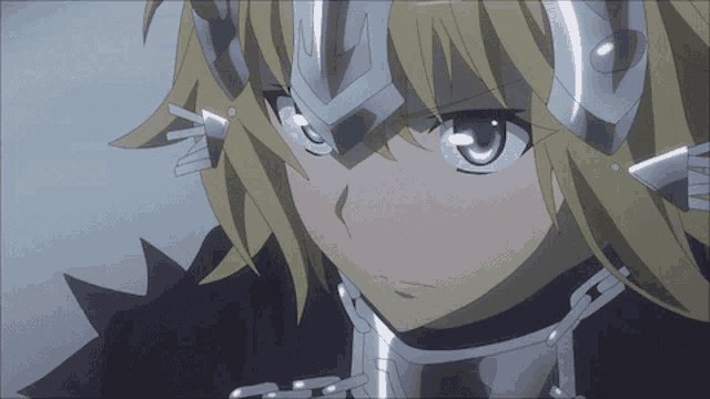 a close up of a blonde anime character with purple eyes and a crown on her head