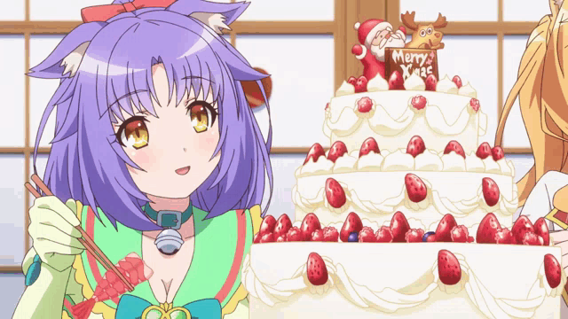 a girl with purple hair is eating a cake that says merry xmas