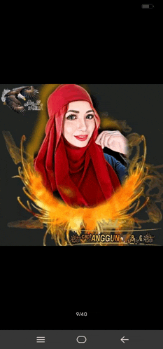 a woman wearing a red scarf is surrounded by flames and a eagle