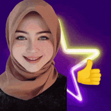 a woman in a hijab giving a thumbs up next to a neon star