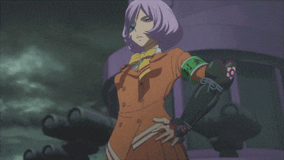 a girl with purple hair is holding a purple ring