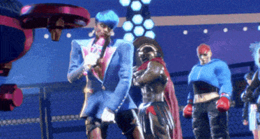 a group of cartoon characters are standing in a ring
