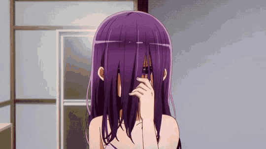 a purple haired anime girl covering her face with her hand
