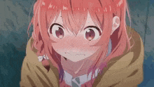 a girl with pink hair is making a funny face while covering her mouth with her hands .