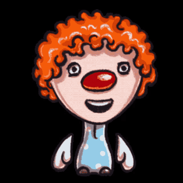 a cartoon drawing of a clown with red curly hair and a red nose