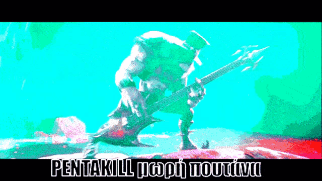 a cartoon of a man playing a guitar with the words pentakill written below him