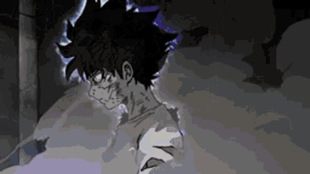 a cartoon of a man with black hair and a white shirt standing in a dark room .
