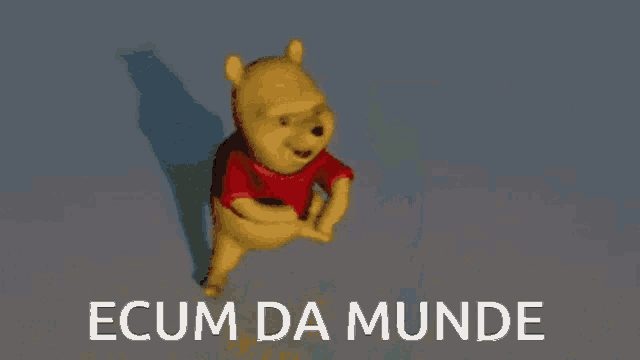 a winnie the pooh bear is jumping in the air with the words ecum da munde behind him