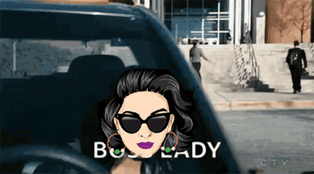 a cartoon of a woman driving a car with the words boss lady written on the side