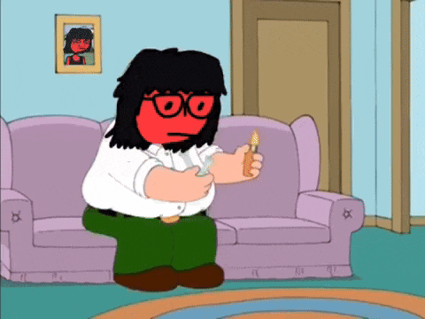 a cartoon character with a red face is sitting on a couch