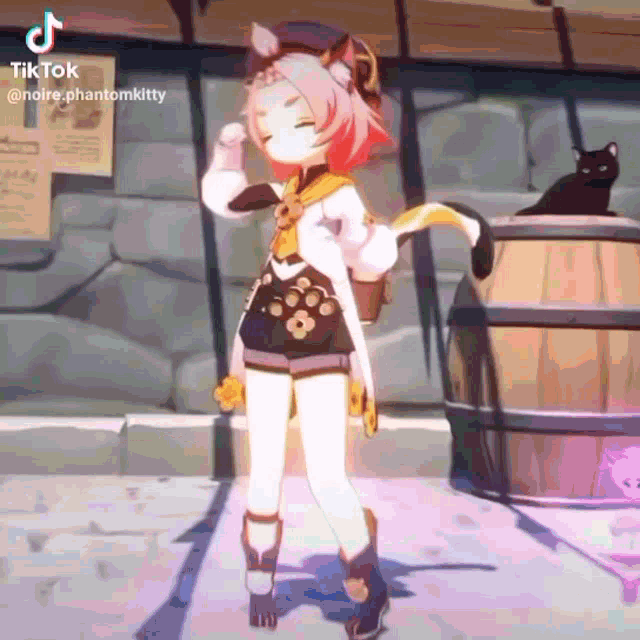 a girl with cat ears is standing next to a barrel with a black cat sitting on top of it .