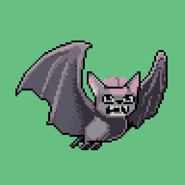 a pixel art of a bat with a pink brain on its head
