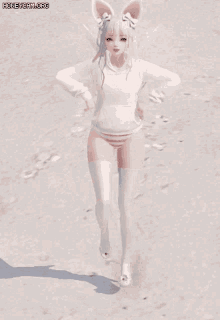 a girl in a white hoodie and pink shorts is dancing on the beach .