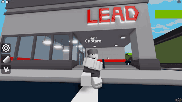 a person in a video game is standing in front of a store called lead