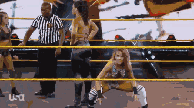 a woman in a wrestling ring with the letters usa on the bottom