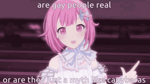 a pink haired anime girl with the words are gay people real or are they just a myth like capybaras on the bottom