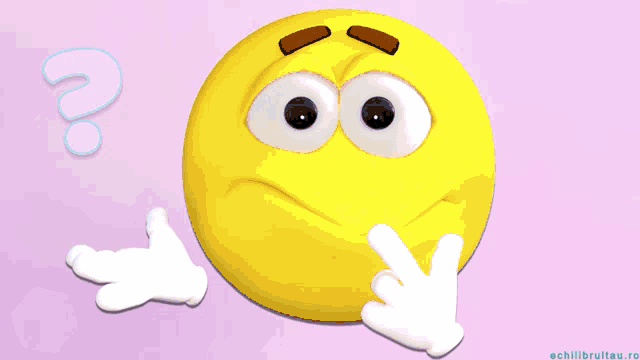 a cartoon smiley face surrounded by question marks