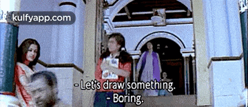 a group of people are standing in front of a building and one of them says let 's draw something boring .