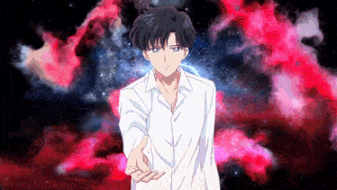 a man in a white shirt is holding another man 's hand in front of a red and blue background .